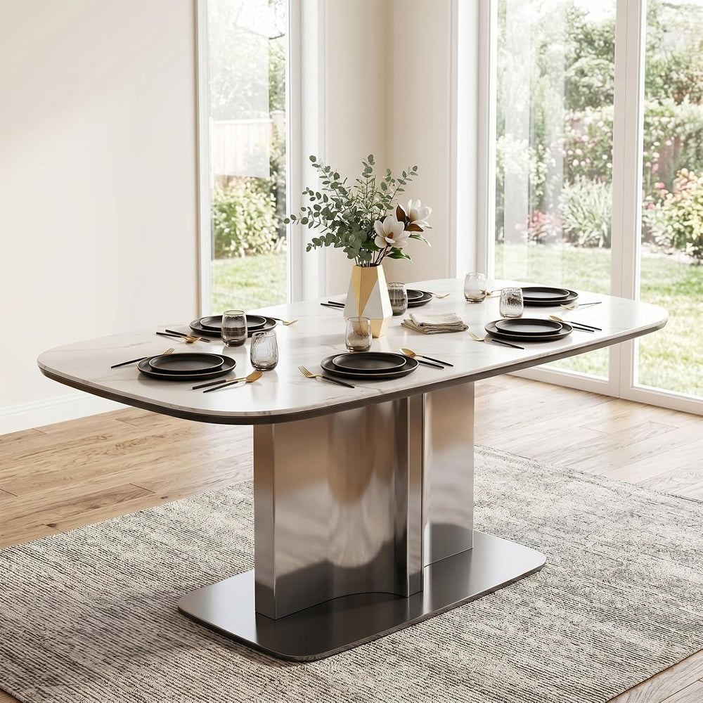 7 Piece Modern Dining Table Set, 71" Sintered Stone Kitchen Table