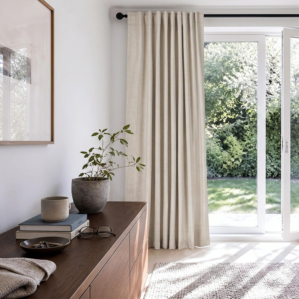Linen Textured Total Blackout Sliding Door Curtains 96 Inches Long, Cream