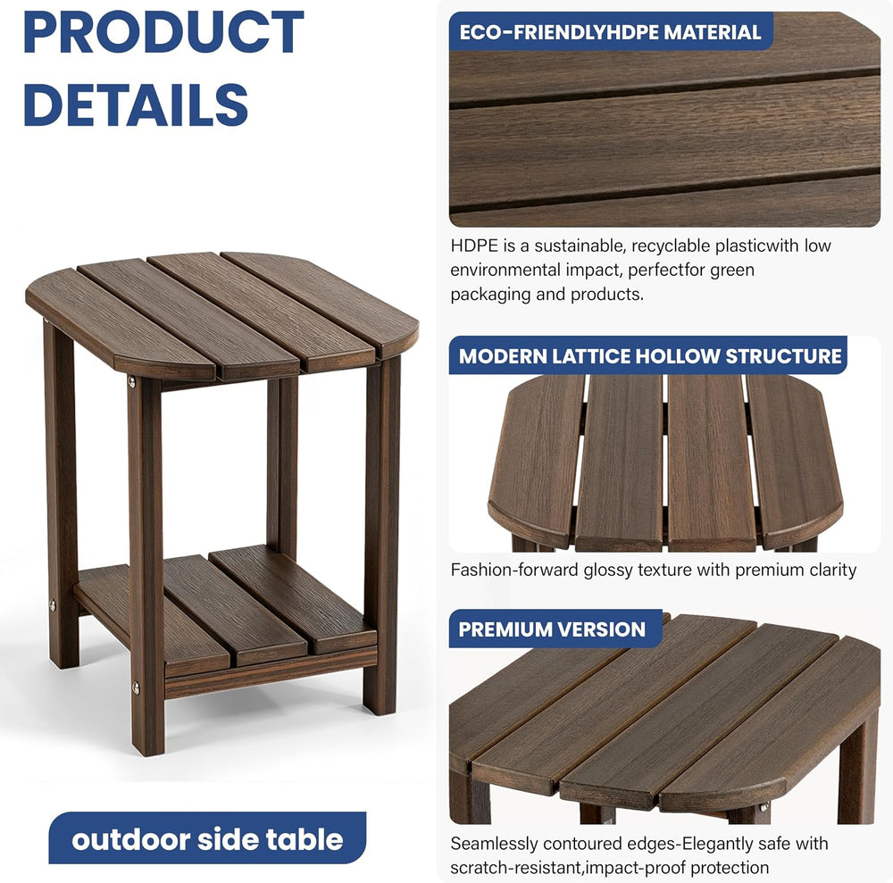 Outdoor Side Table with Shelf - All-Weather HDPE End Table with Realistic Woo...