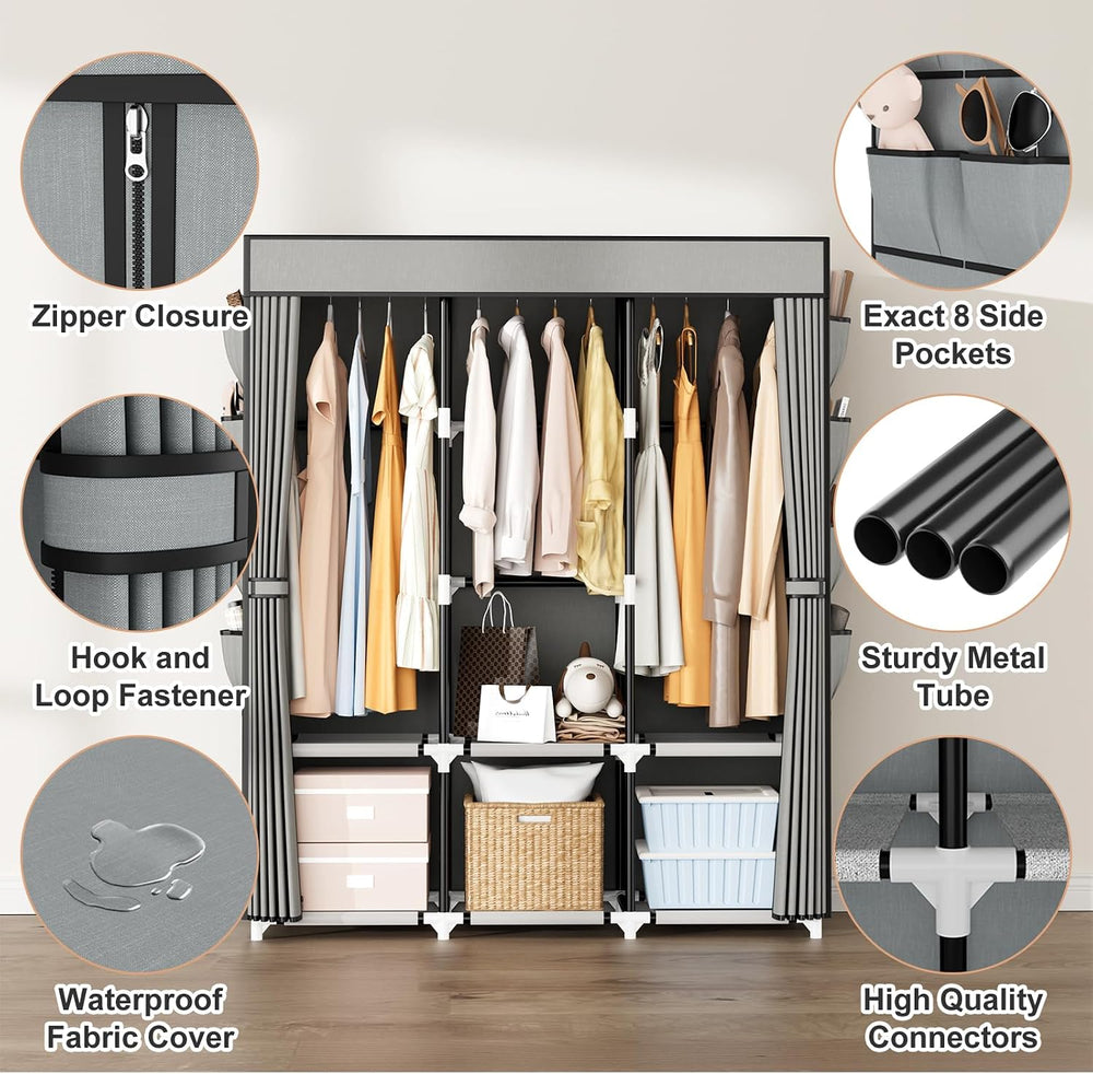 Portable Closet with Cover, 3 Hanging Rods and Side Pocket, Sturdy Free Stand...