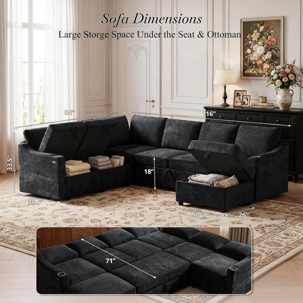 116" Chenille Modular Sofa Bed w/Adjustable Backrests, Black
