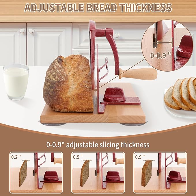 CAWIU Manual Bread Slicer with Hand Crank- Adjustable Thickness Bread Cutter