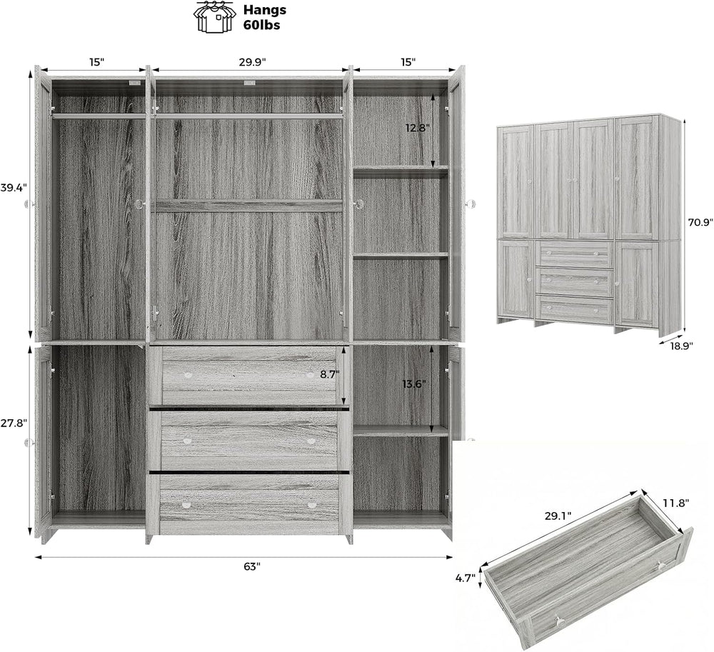 VOWNER 71" Armoire Wardrobe Closet with Drawers and Mirror, 6 Doors