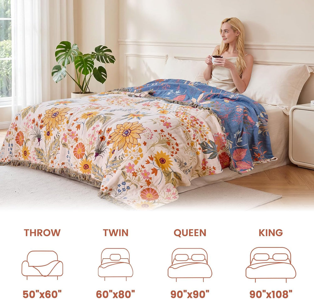 MSGKV Boho Throw Blanket 60"x80" Cotton Floral Twin Blanket for Cou...