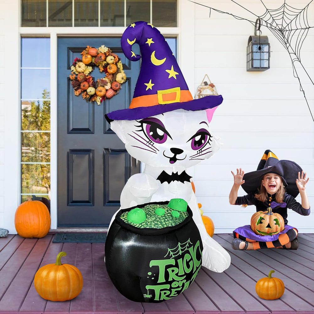 5FT Halloween Inflatable Cat with Witch Cauldron Yard Decor