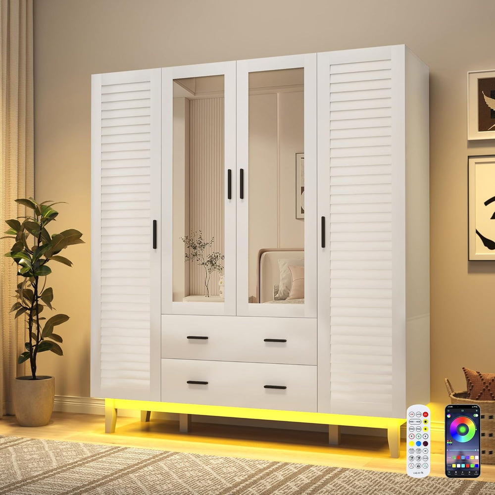 4 Door Armoire Wardrobe Closet Cabinet with Drawers and LED Lights, Multi-Tie...