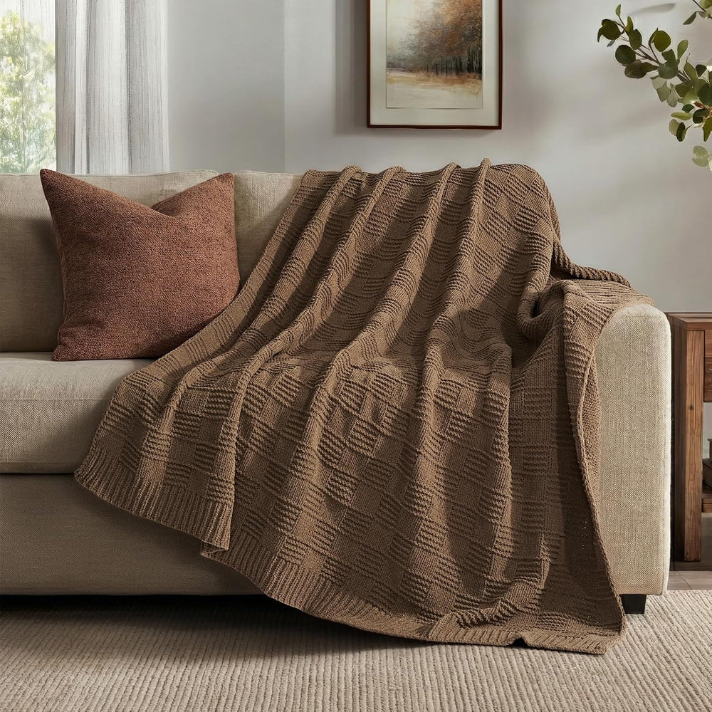 EVERGRACEHOME Modern Checkered Chenille Throw Blanket, Soft Cozy Plaid Knitted
