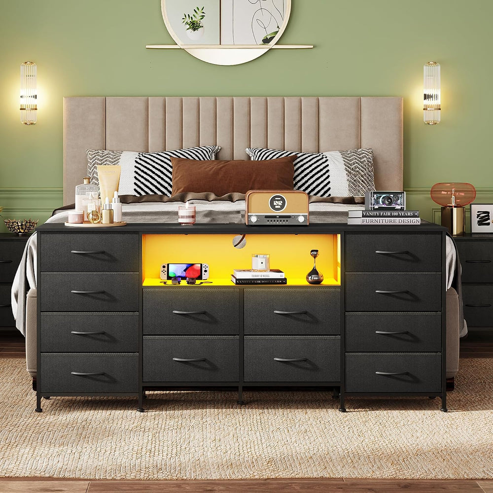 WLIVE LED Dresser TV Stand for 75 Inch TV, 12 Drawers, Black