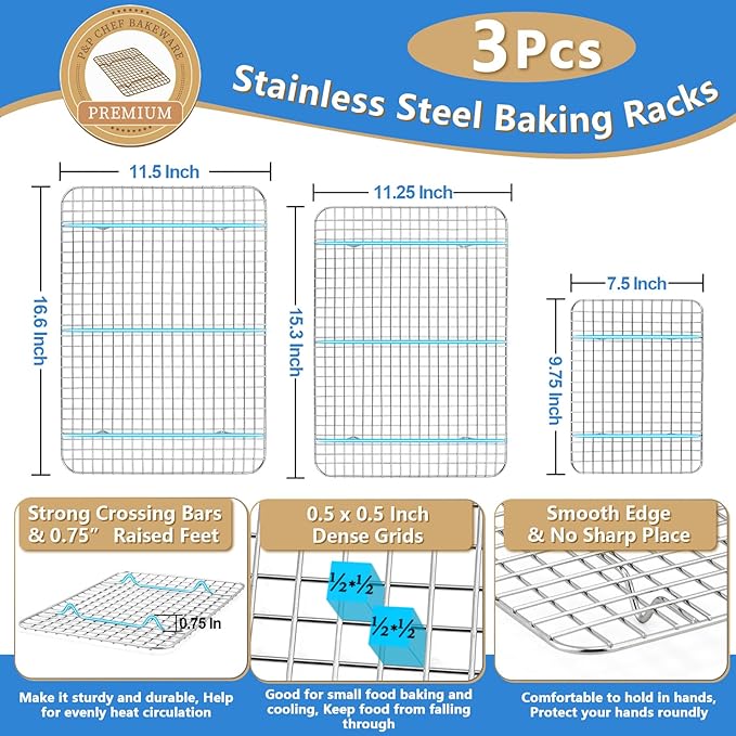 P&P CHEF 17.5 + 16 + 10.4 Inch Baking Sheet and Rack Set, Stainless Steel