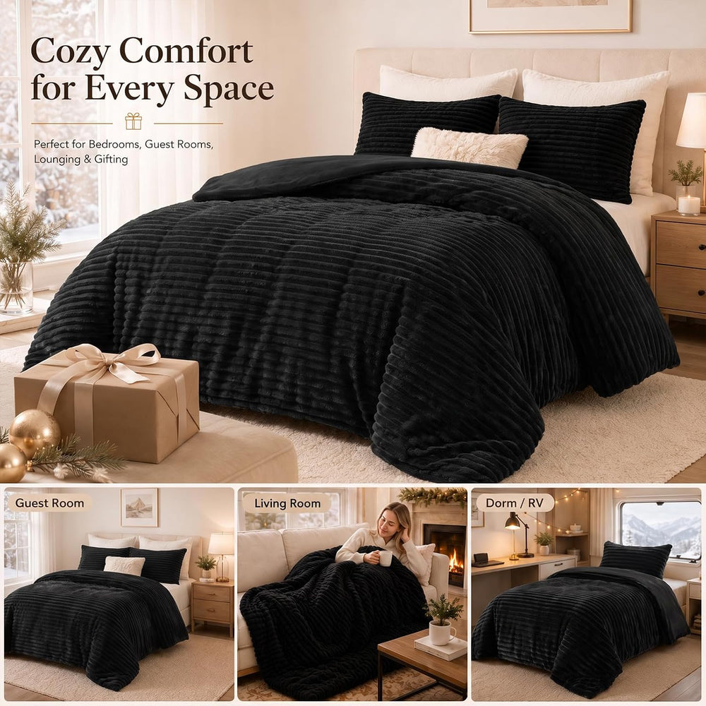 CozyLux Fleece Queen Comforter Set, 3 Piece Winter Warm Black Bedding