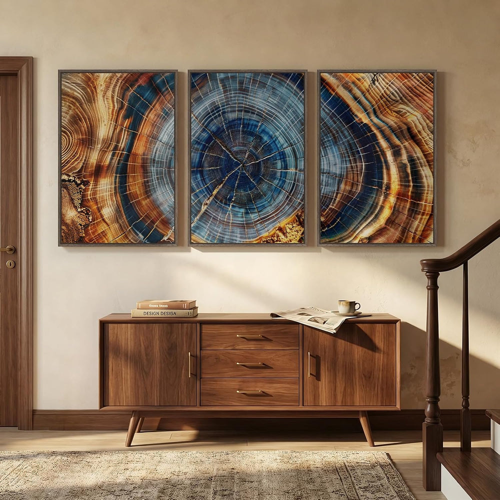 3 Piece Large Framed Colorful Tree Ring Wall Art for Living Room, 24x36 In