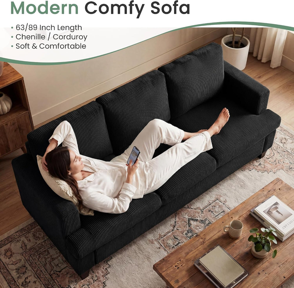 2 Pieces Corduroy Couch Set for Living Room, Black Cloud Sofa, Deep Seat Floo...