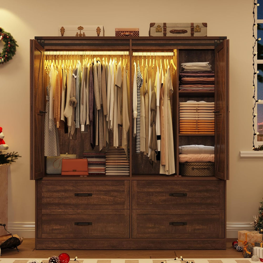 Farmhouse 4 Doors Armoire Wardrobe Closet w/Folding Sliding Barn Door and Lig...