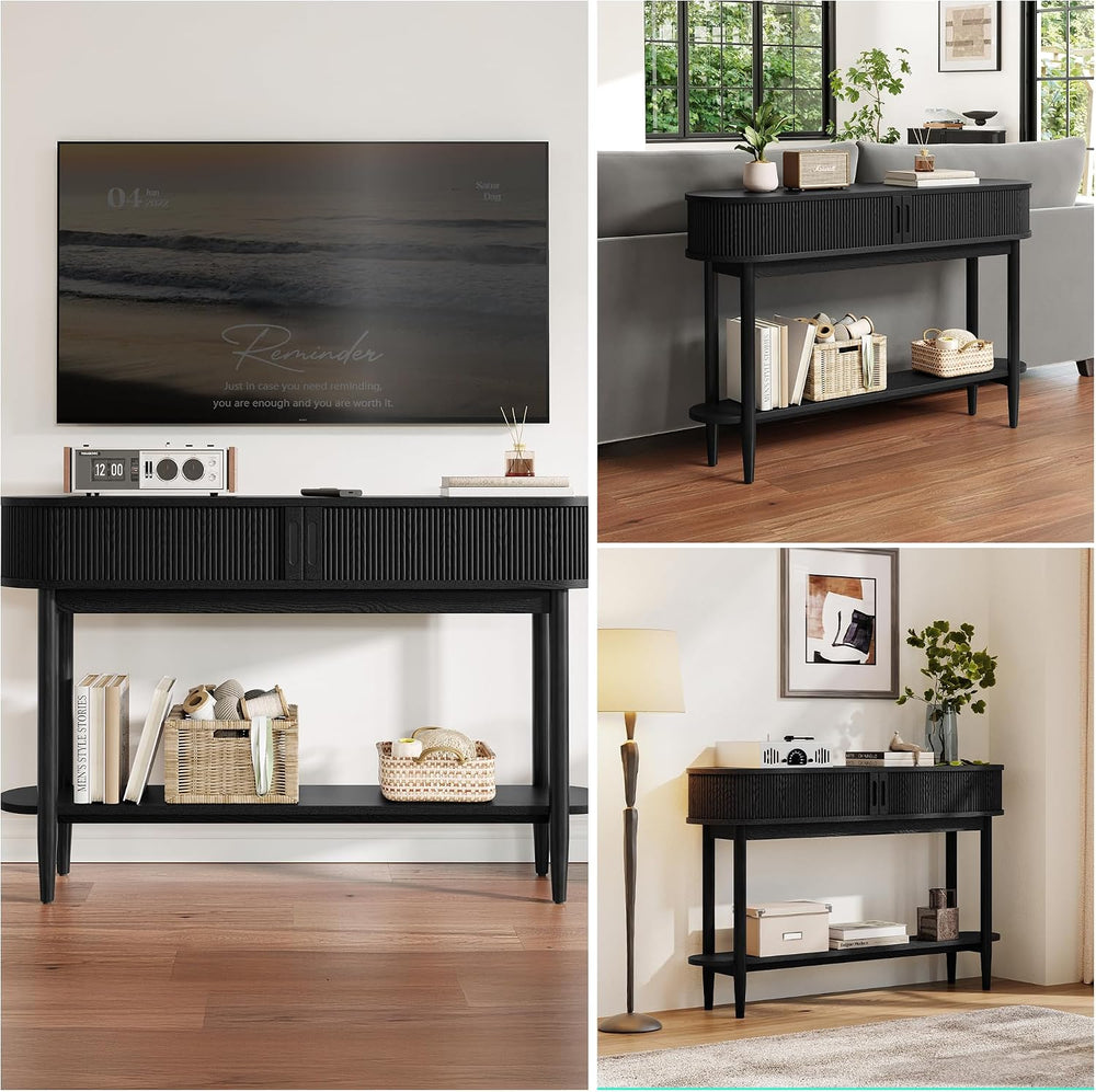 LINSY Fluted Console Table with Storage and Shelves, Black | Entryway Table, ...