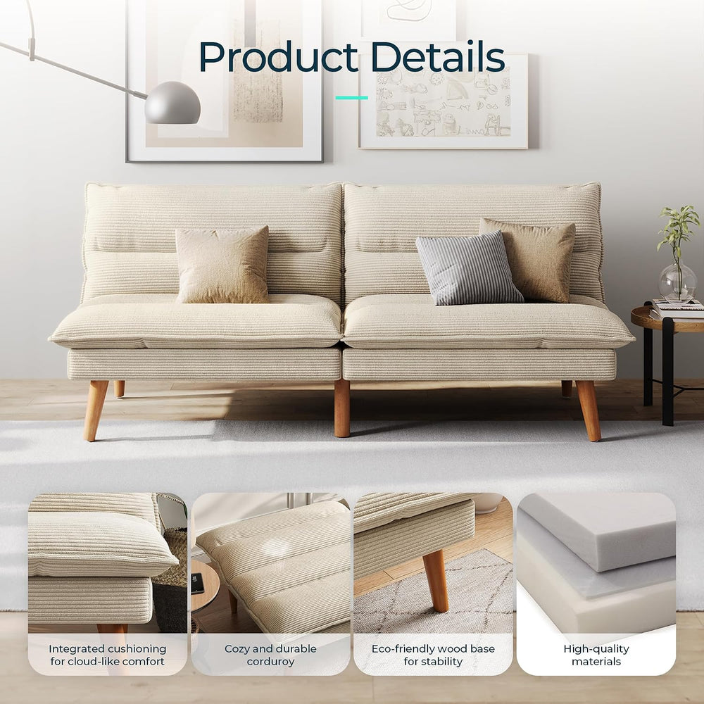LINSY HOME Futon Sofa Bed, Corduroy Futon Couch with 3-Position Adjustable Ba...