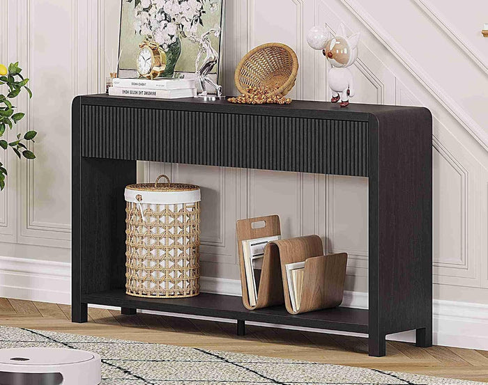 FATORRI Console Table for Entryway, 47.2 Inch Modern Sofa Table with 2 Drawers for Living Room, Wood Hallway Tables and Couch Tables Behind Sofa, Black