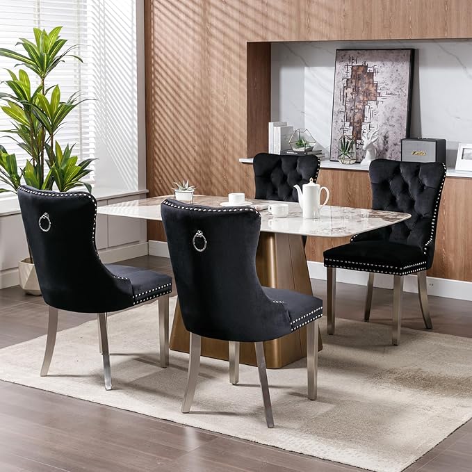 Luxury Upholstered Dining Chairs Set of 6, Black Kitchen Chair with Silver Me...