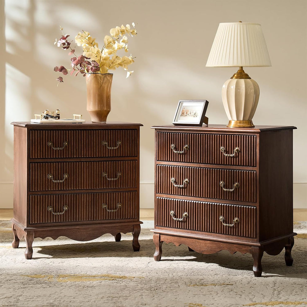 HULALA HOME Transitional Side Table Set of 2 with 3 Drawers and Charging Stat...