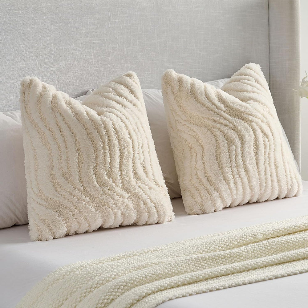 Pack of 2 Faux Fur Throw Pillow Covers 20x20 Inch, Cream