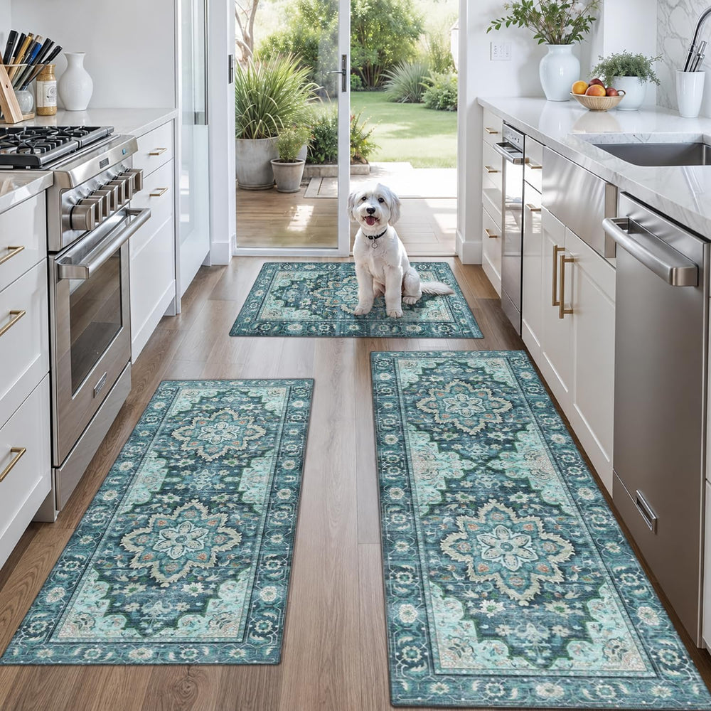 3-Piece Vintage Persian Rug Set - Washable Teal and Blue Area Rugs, Non-Slip ...
