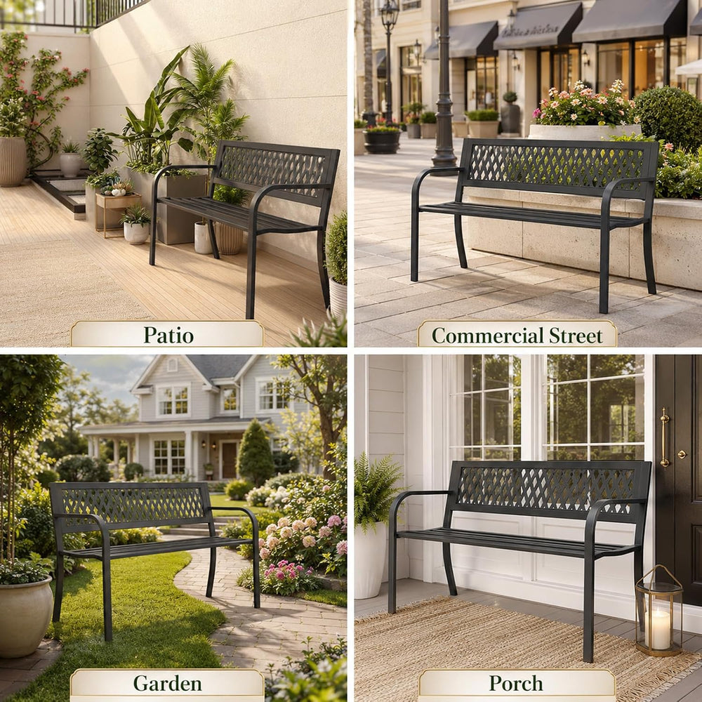 47" Outdoor Garden Bench, Metal Patio Bench with Backrest, Black