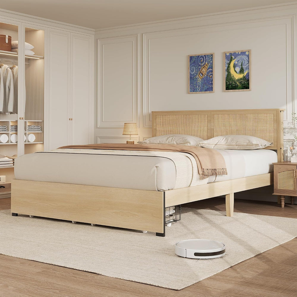 GarveeHome Rattan Full Bed Frame with 2 Storage Drawers and Led Lights