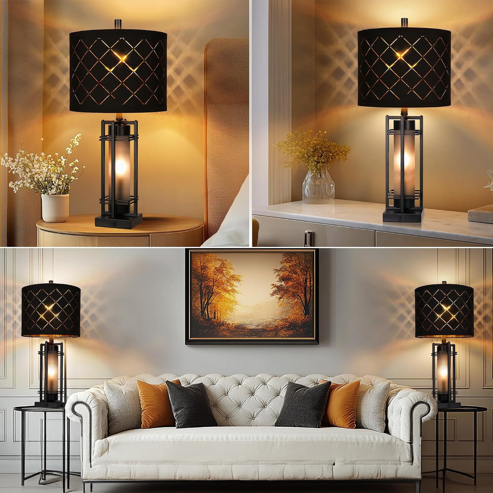 27'' Modern Table Lamp Set of 2 with Nightlight, Metal Bedside Lamps