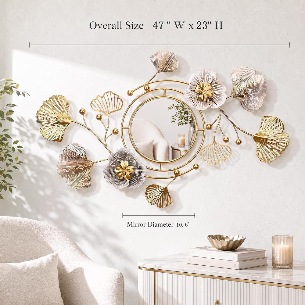 47" Large 3D Ginkgo Floral Metal Wall Decor Mirror