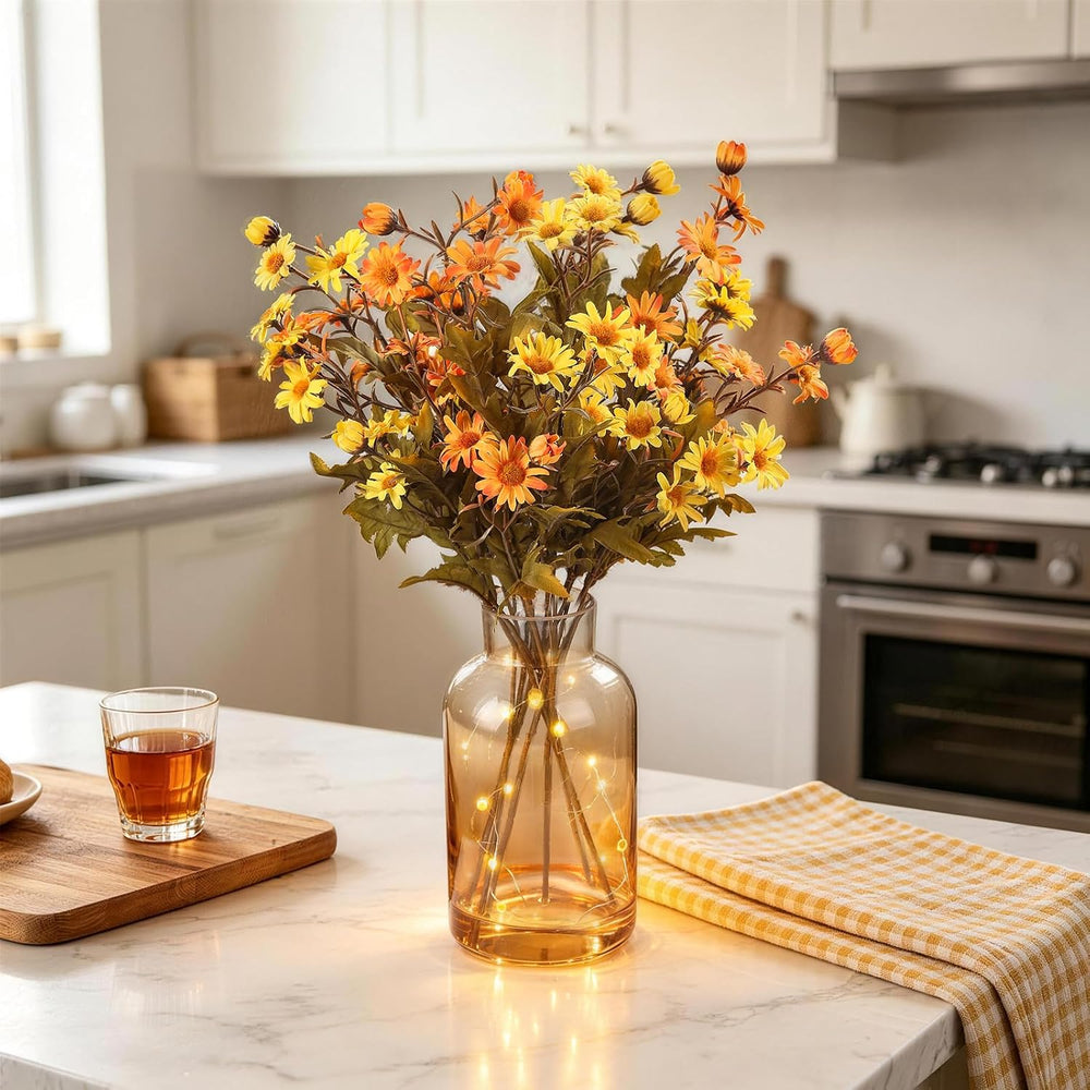 Artificial Daisy Flowers Fall Flowers in Amber Glass Vase with Faux Water