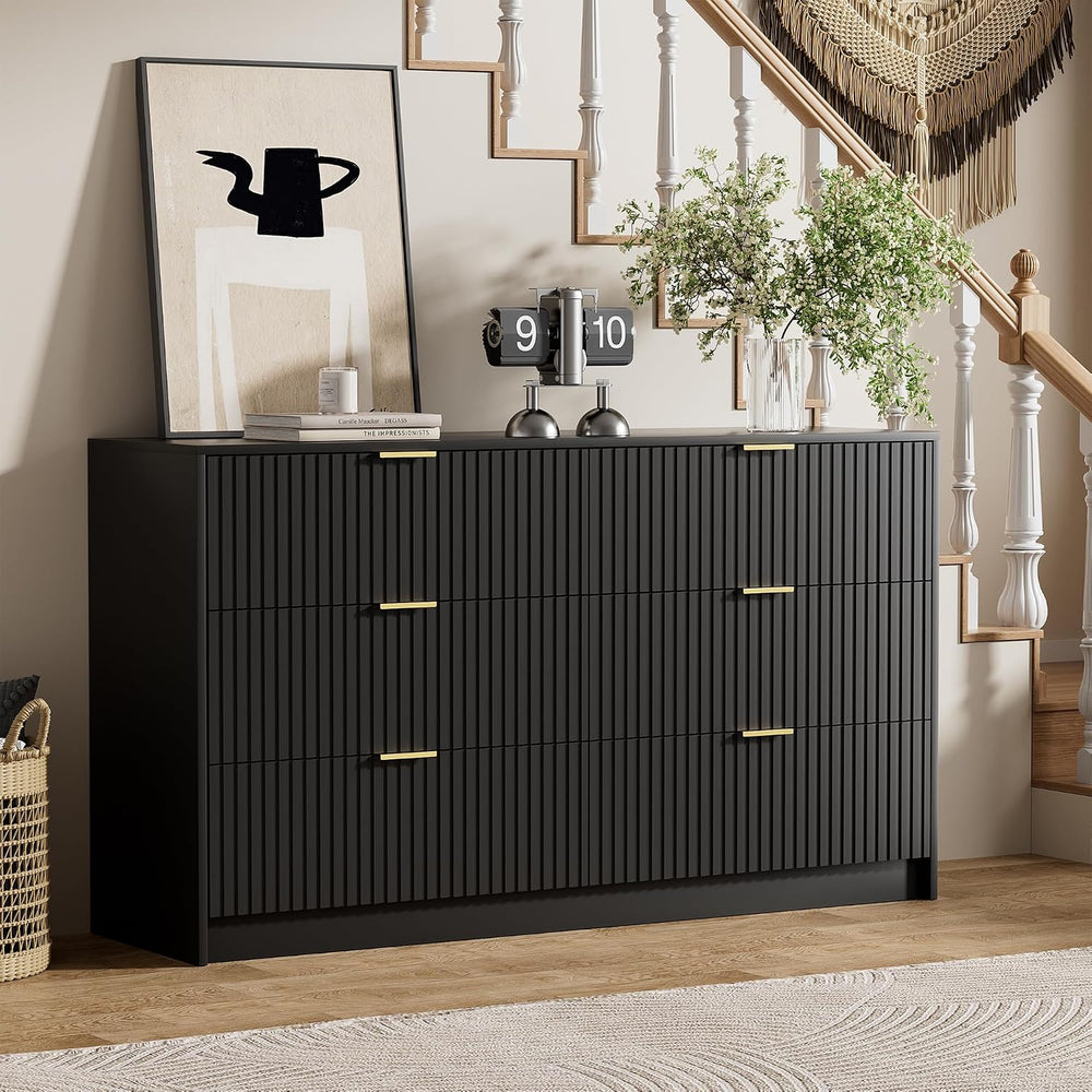 55.1" Wide Black Dresser for Bedroom, Fluted 6 Drawer Dresser