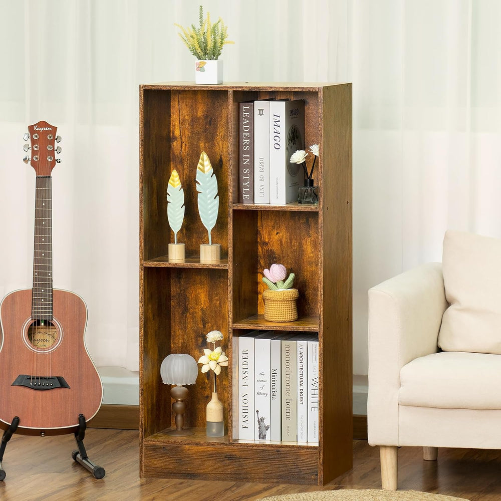LEYAOYAO 5 Cube Mid-Century Modern Brown Wood Bookcase, 3 Tier Storage Organi...