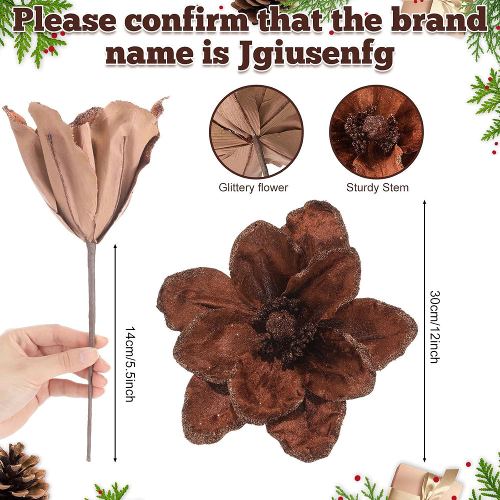 Thiccywoov 8 Pcs Large 12" Christmas Magnolia Flowers, Brown