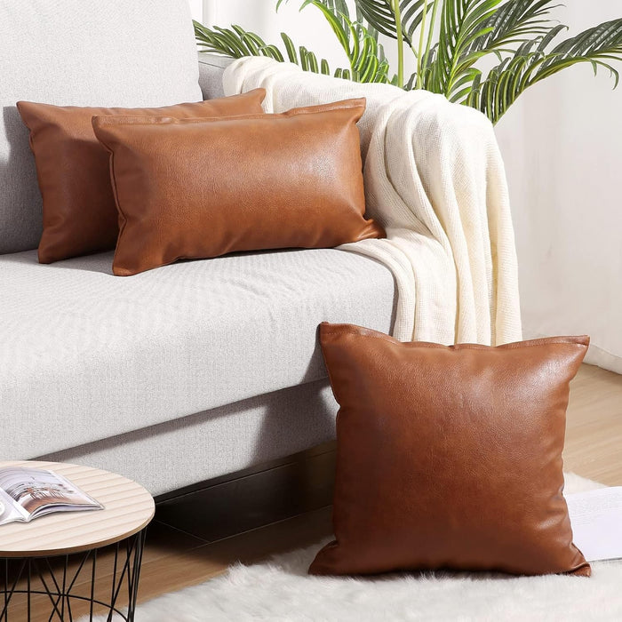 Yaertun Set of 2 Faux Leather Decorative Throw Pillow Covers Modern Solid Outdoor Cushion Cases Luxury Pillowcases for Couch Sofa Bed 22x22 Inches Brown
