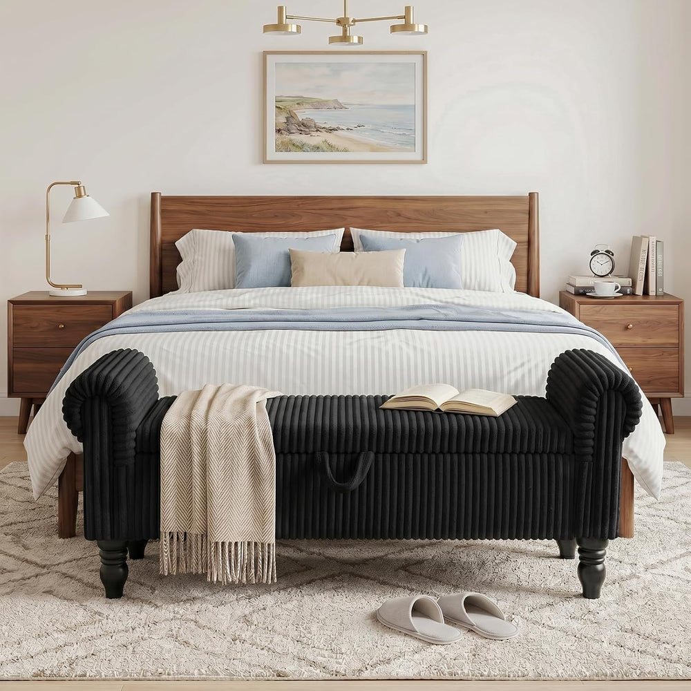 55" Storage Ottoman Bench, Corduroy End of Bed Bench for Bedroom, Black
