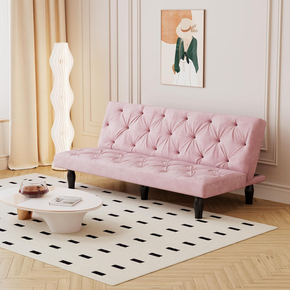 72" Pink Velvet Futon Couch Living Room Couch Bed Convertible Sleeper So...