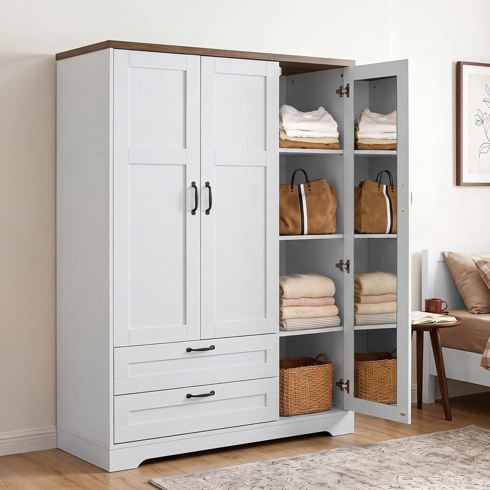 Brafab 62" Wooden Armoire Wardrobe Closet with Mirror, White, 3 Doors