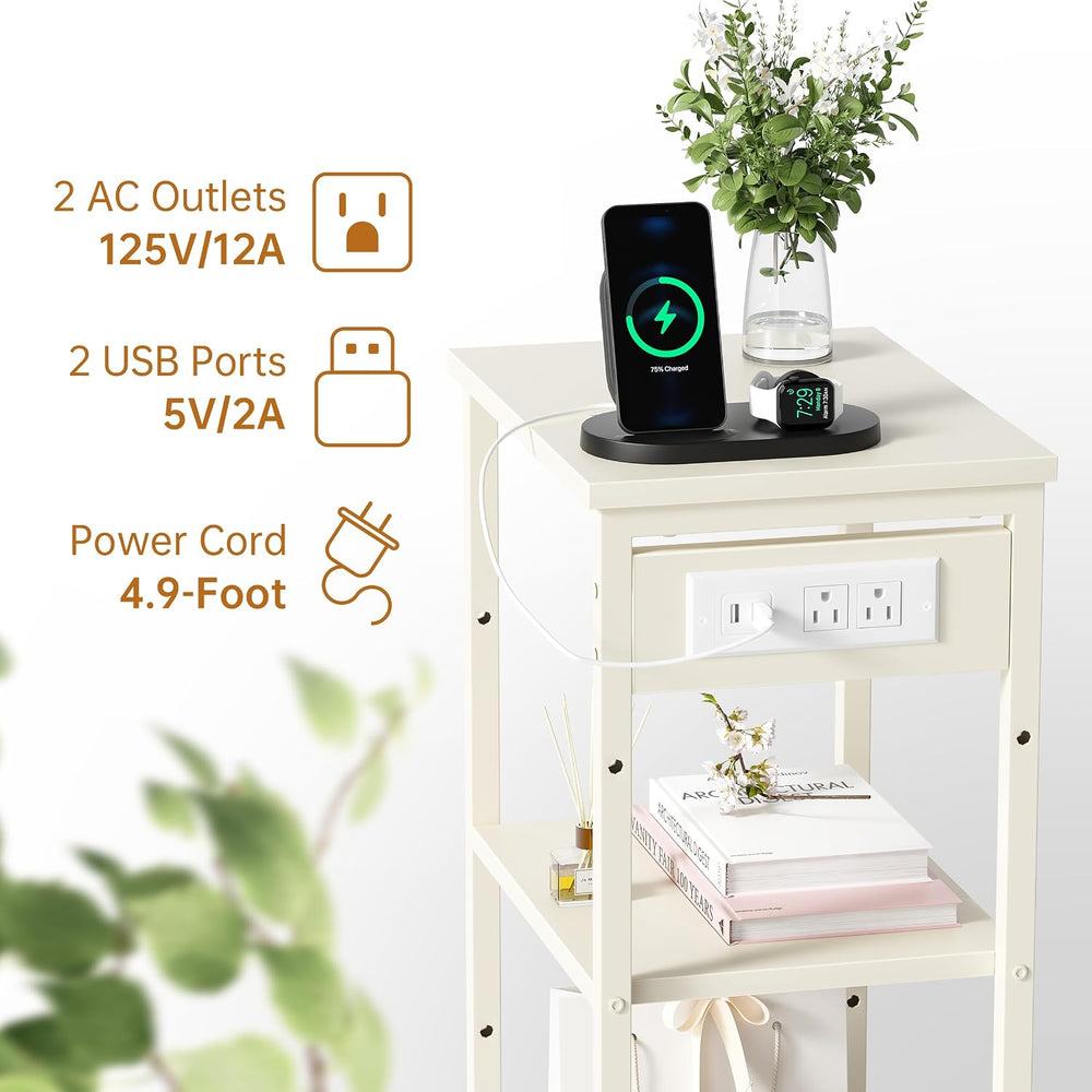 Asgolion Tall End Table with Charging Station, Narrow Tall Side Table | 3 Tie...