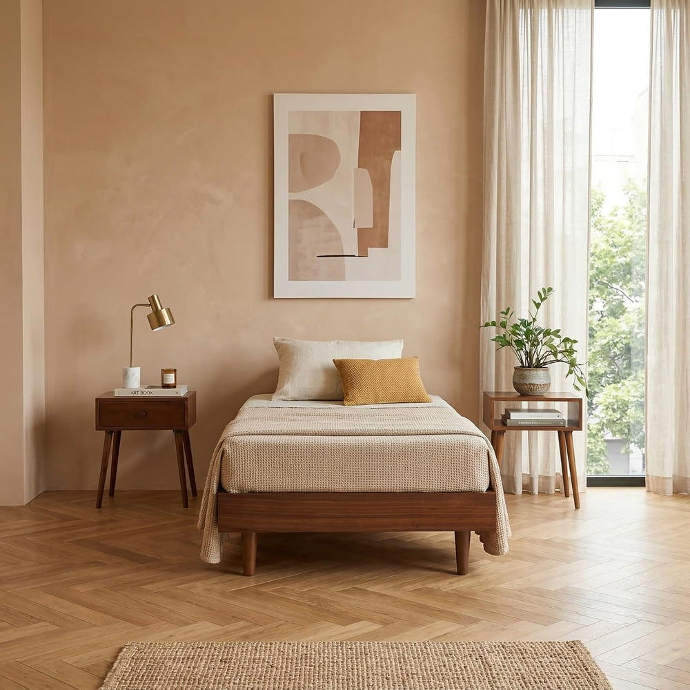 Fly Wooden Bed Frame Without Headboard, Solid Wood Foundation with Silent Sla...