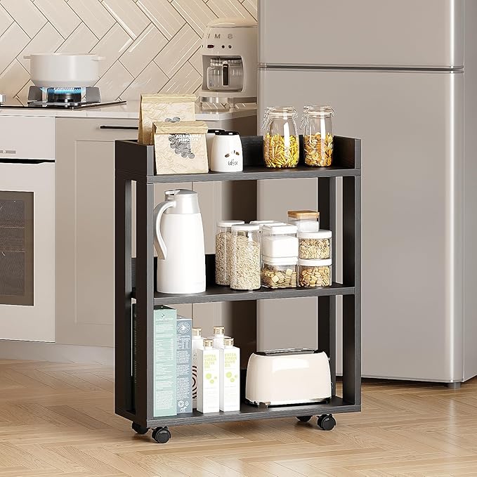 ALISENED Small Bookshelf and Bookcase, 3 Tier Wood Nightstand with Wheels, Mo...