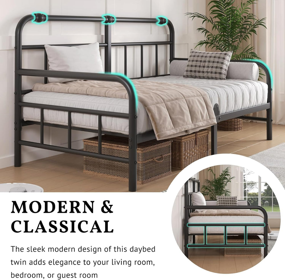 Twin Metal Daybed Frame with Headboard, 12 Inch Sofa Bed for Living Room, Hea...