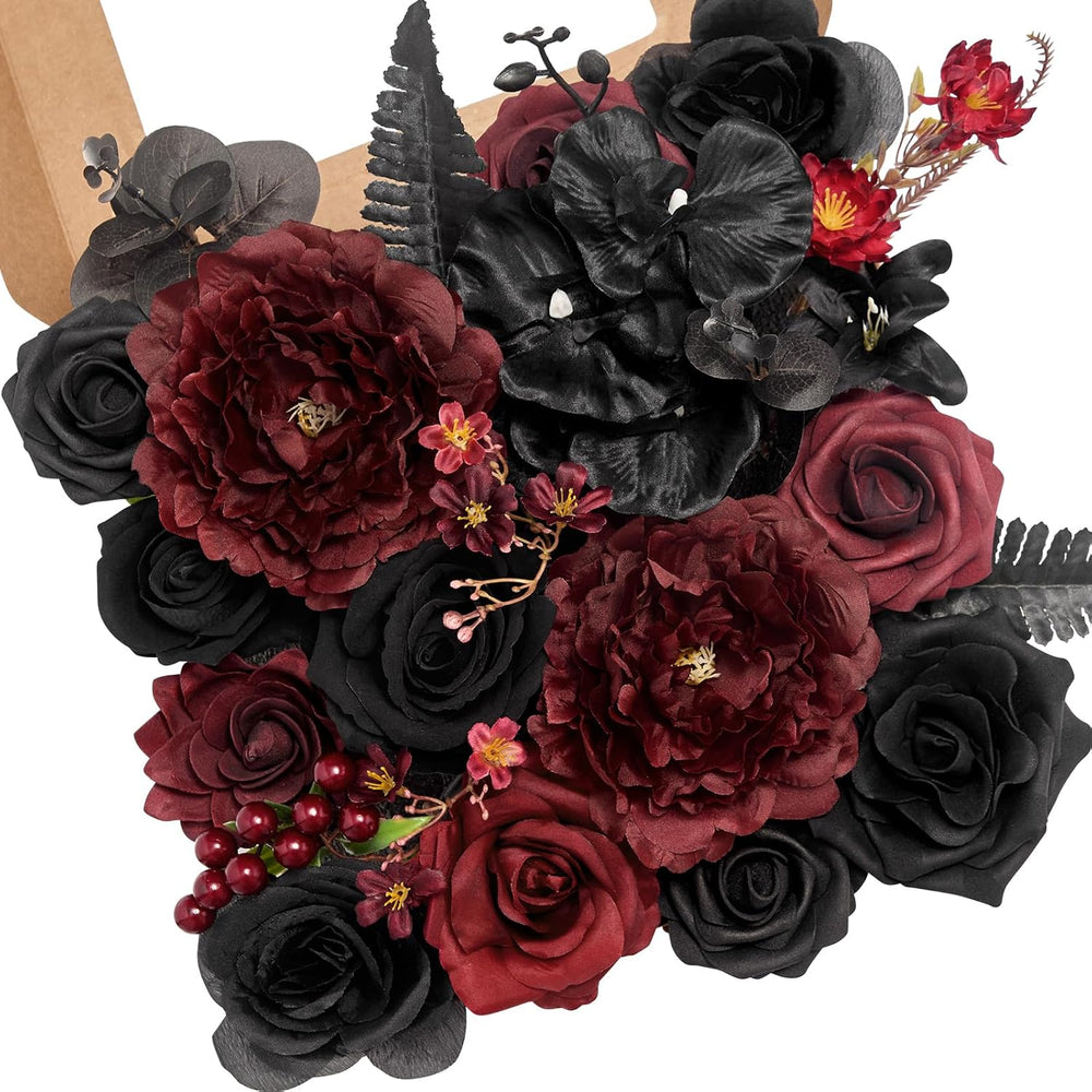 Serwalin Burgundy Black Artificial Flowers Combo, Silk Flowers for Wedding