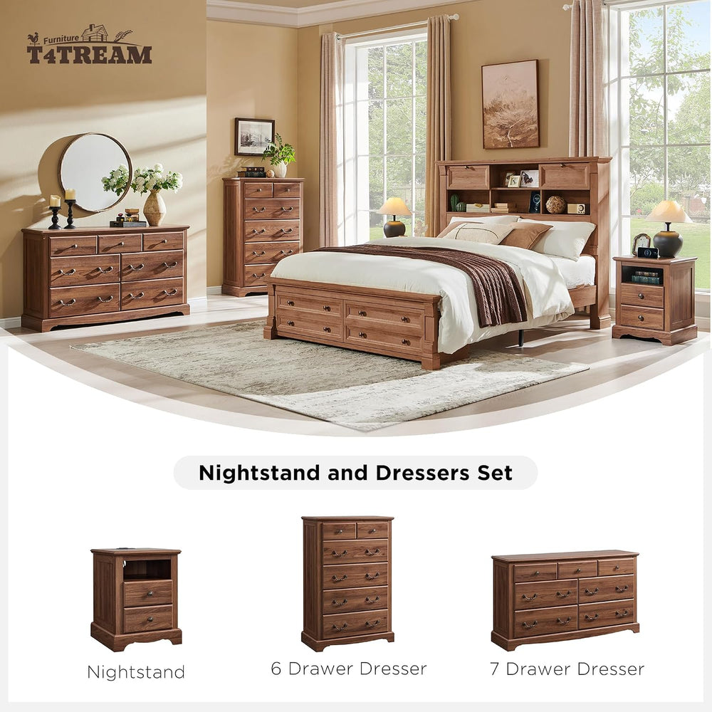 T4TREAM 18" Vintage Nightstand with Charging Station, Light Walnut