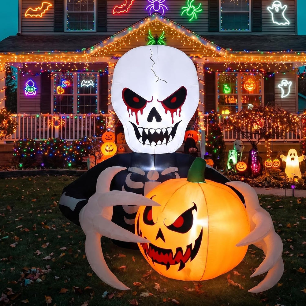 Gardwin 7 FT Halloween Inflatables Skeleton Reaper with Jack-o'-Lantern O...