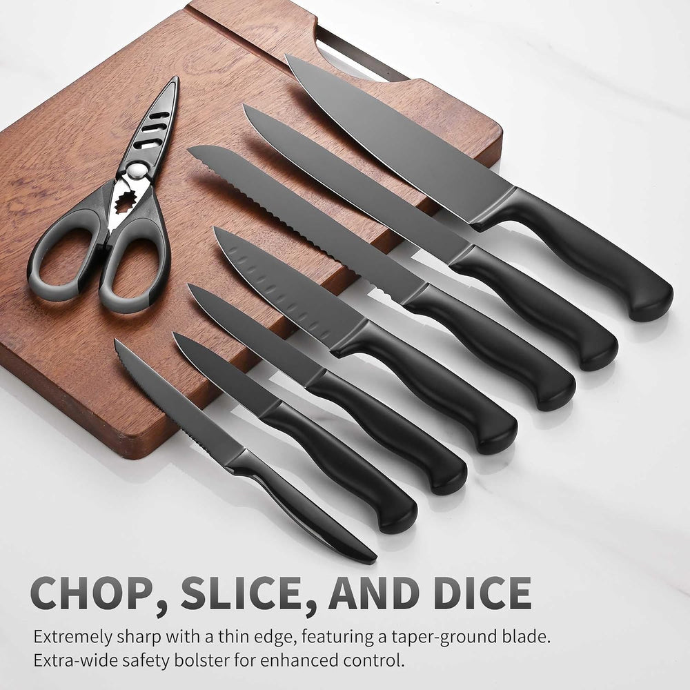 15-Piece Black Kitchen Knives Set, Knife Block Set with Built-In Sharpener