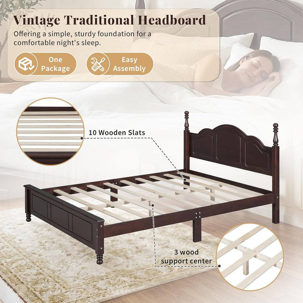Dark Walnut Wood Bed Frame Full Size with Wave Shaped Headboard