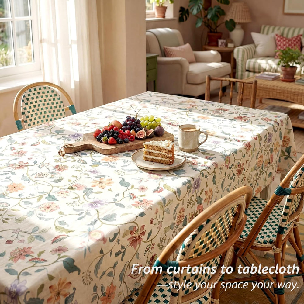 jinchan Beige Floral Linen Curtains 84 Inch Farmhouse Back Tab 2 Panels
