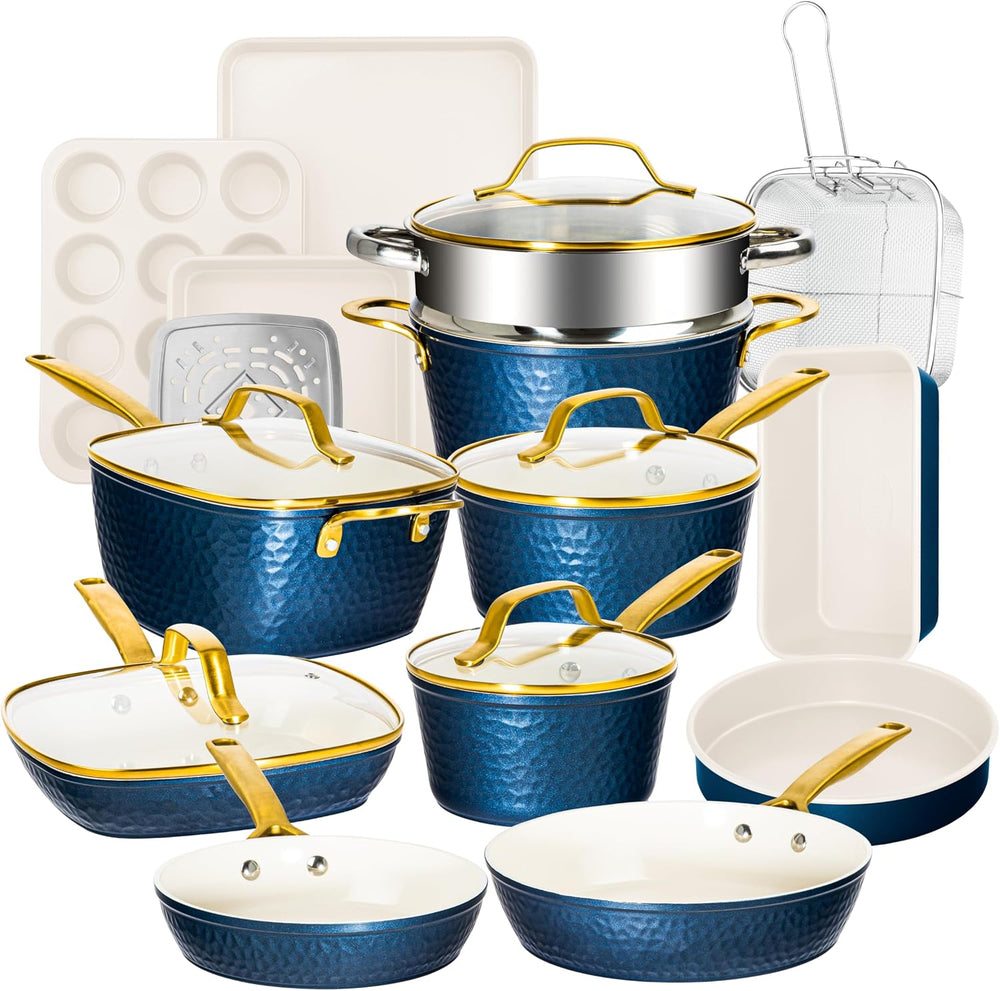 Gotham Steel Hammered 20Pcs Ceramic Cookware Set, Induction Pots and Pans Set