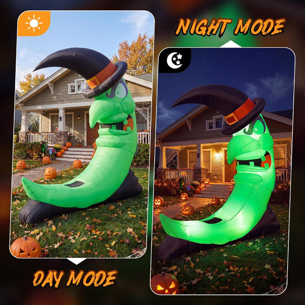 9FT Green Witch Moon Halloween Inflatables Outdoor Decorations with Bench