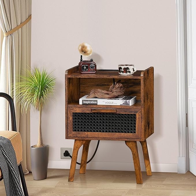 Lerliuo Rattan Nightstands Set of 2 with Charging Station, Boho Side Table wi...