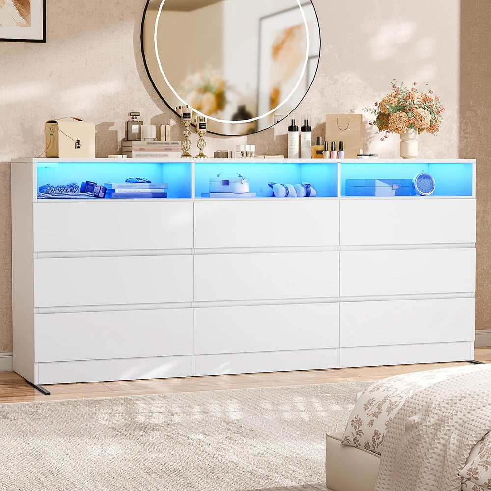 STIKELY 9 Drawer Dresser for Bedroom with Power Outlet and LED Light,